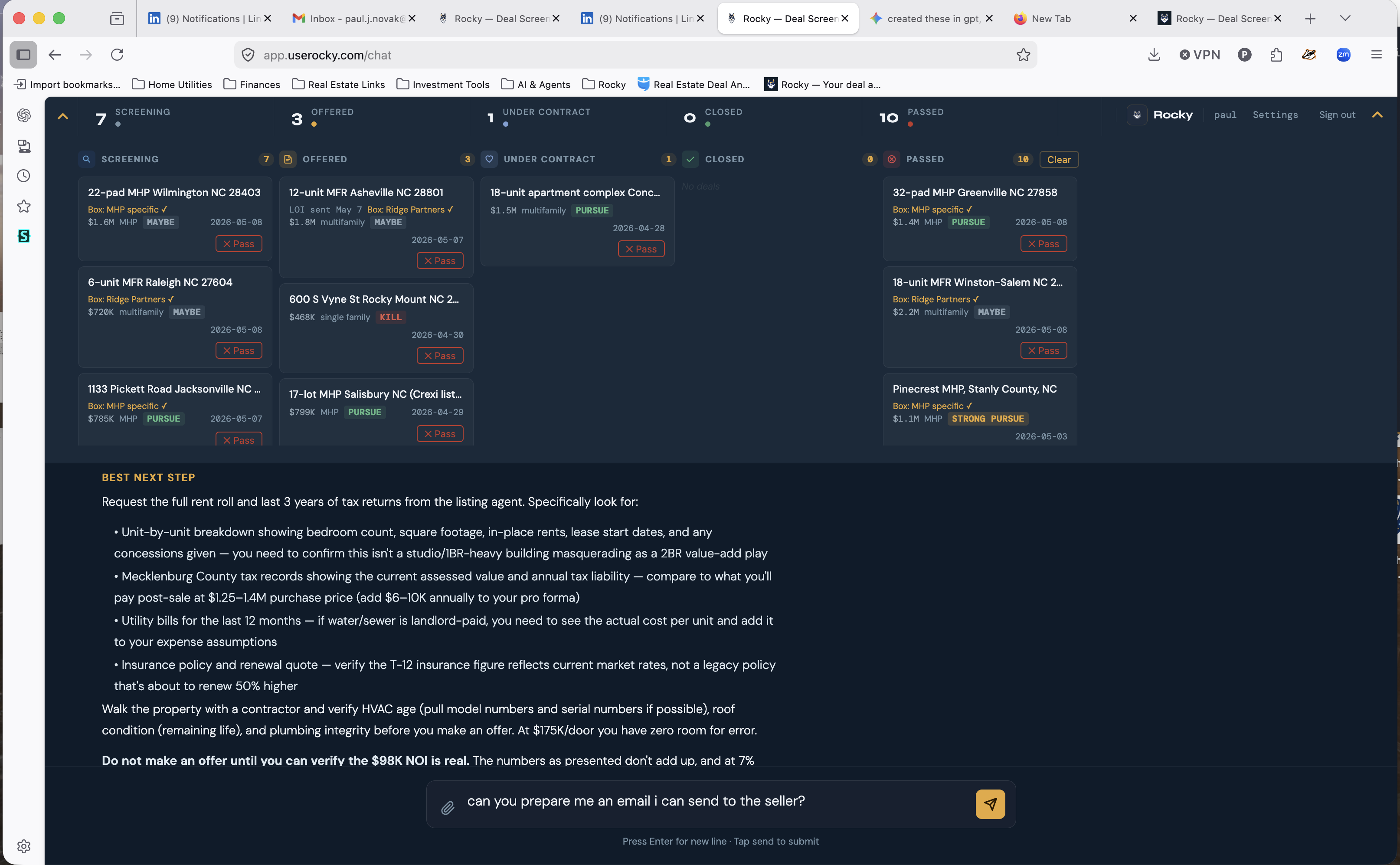 Rocky deal screening interface